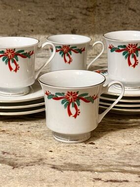 Vintage Christmas Poinsettia Ribbons fine china tea set 8 cups & 7 saucers